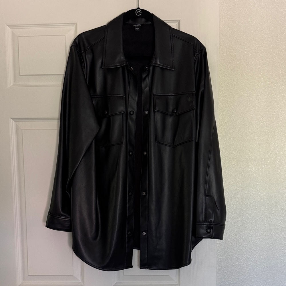 Express Black Button-Up Faux Leather Shirt